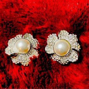 Rare Designer Jarin Vintage Silver Tone Crystal & Pearl Clip Earrings